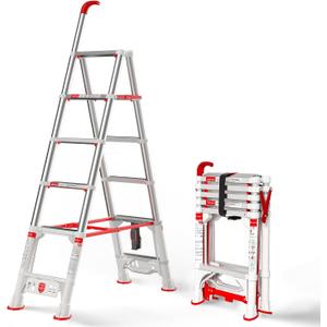 A-Frame Telescoping Extension Ladder，5.4FT Folding Step Stool with Safety Lock，Foldable Aluminum Ladder, Heavy Duty 6 Step Ladder 600lbs Capacity for Home Use