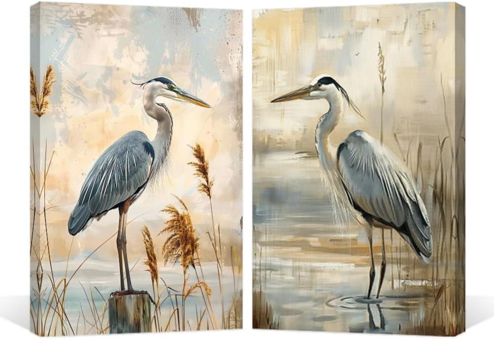 ZQQART 2 Pieces Blue Heron Canvas Wall Art Heron on Beach Canvas Painting Art Coastal Birds Picture Prints Farmhouse Bathroom Wall Decor Framed(Blue,20.00"x30.00"x2Pcs)