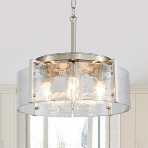 4-Light Glass Brushed Nickel Chandeliers for Dining Room 17.3" Round Modern Farmhouse Chandelier Drum Hanging Pendant Ceiling Light Fixture for Hallway Entryway Kitchen Island Foyer Bedroom