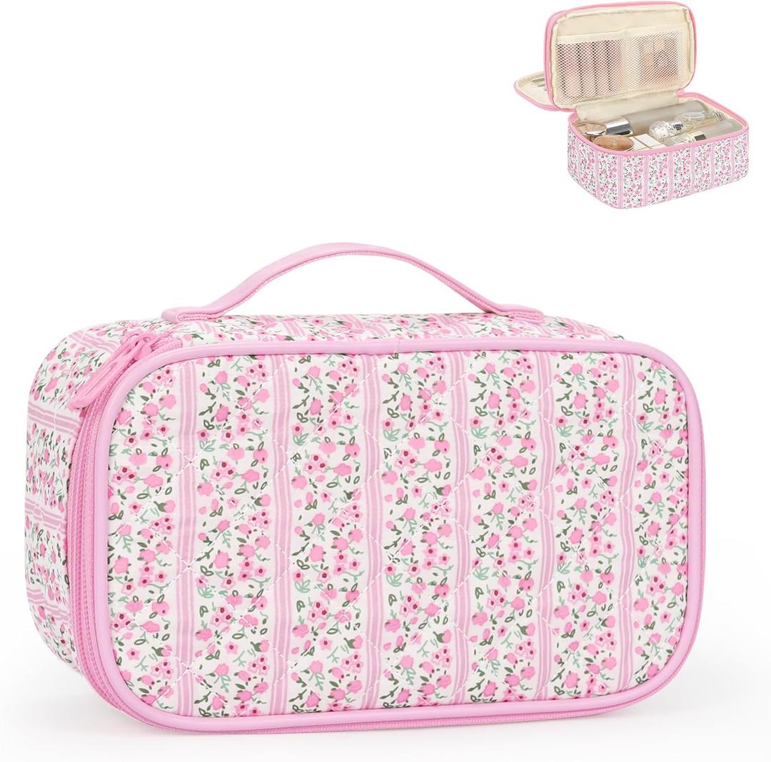 Relavel Cute Makeup Bag for Girls, Portable Pink Cosmetic Bag, Dual-layer Makeup Pouch with Brush Holder, Multi-Functional Preppy Toiletry Organizer for Travel, Daily Use - Pink Flower (2-MEDIUM, 01C-Floral Pink)
