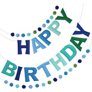 2 PCS Pre-Strung 3D Felt Happy Birthday Banner - Reusable Blue and Green Happy Birthday Decorations Sign, Handmade Wool Felt Ball Garland, Pom Pom Garland, Party Decor, Photo Prop