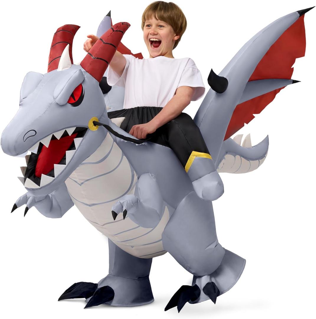 Spooktacular Creations Kids Inflatable Costumes, Ride-on 60" Dragon Halloween Inflatable Costume, Gray Dinosaur Blow-up Costumes for Halloween Cosplay Party, Themed Party