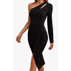 Theenkoln Women's One Shoulder Long Sleeve Hiding Tummy Party Dresses Cocktail Sexy Irregular Hem Fitted Club Dresses, Black, XL