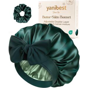 YANIBEST Adjustable Double Layer Satin Bonnet, Silk Hair Bonnet for Sleeping with Elastic Tie Curly Natural Hair Reduce frizz (One Size, Sage)