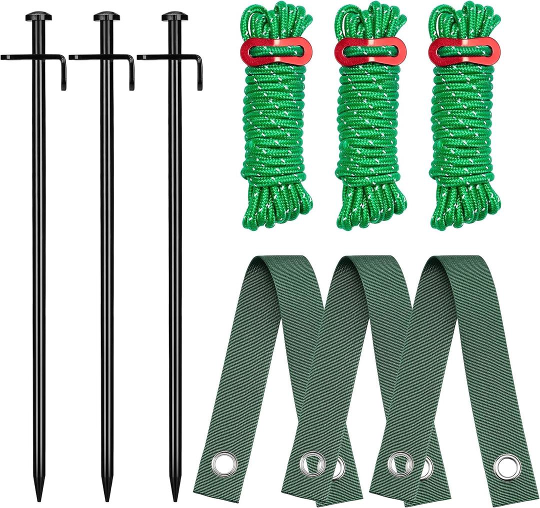 Kingsyard Heavy Duty Tree Stake Kit, 3 Pcs 12 Inch Steel Tree Stakes and Supports for Leaning Young Trees Straightening Kit, Large Inflatable Stakes Set, 6Pcs Straps & 6Pcs 13ft Anchor Ropes