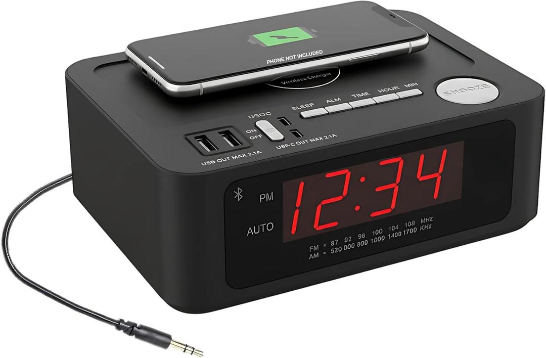 Digital Alarm Clocks for Bedrooms, 15W Wireless Charging. 2 x USB-C and 2 x USB-A Charging Ports. Loud Alarm Clock for Heavy Sleepers Perfect for Bedroom, Desk, and Office. Battery Backup