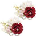 Wrist Corsage and Boutonniere Set, Artificial Rose Corsage Wristlet and Boutonniere for Wedding Prom Party (Dark-red, 2pcs Wrist Corsage)