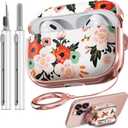 Inesore for AirPods Pro 2nd Generation Case Cover with Lock, Flowers Cute Air Pods Pro 2 Case Hard iPod Pro Cases for Women Girls with Cleaner Kit (2023 USB-C /2022/2019) -Black Gold Flower (B5-White Peony)