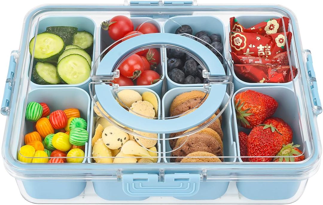 shopwithgreen Divided Serving Tray with Lid and Handle, Portable Snackle Box Charcuterie Container for Party, Veggies, Fruits, Nuts, Candy, Food Tray Platter Snack Box for Entertaining, Picnic, Blue (8 Compartments)