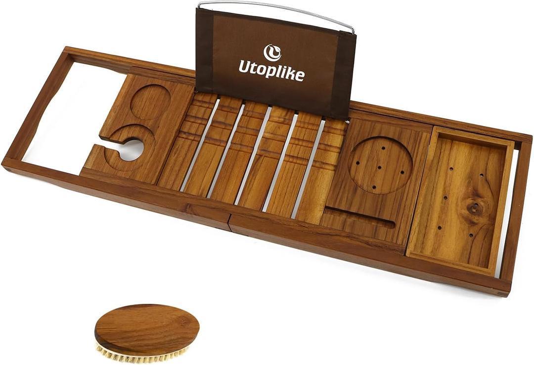 Utoplike Teak Bathtub Caddy Tray Bath Tray for Tub, Unique Bathtub Organizer with Book Tablet Glass Cup Towel Holder, Adjustable, for Your Loved