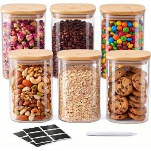 SENTVEND 37 Oz Glass Storage Jars with Bamboo Lids - 6 Pack Clear Glass Canisters Square Airtight Stackable Ideal for Pantry Storage Containers Organizers Great for Storing Oats Coffee Beans Nuts etc