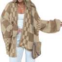 BTFBM Casual Cardigan Sweater for Women Fall 2026 Long Sleeve Open Front Chunky Knit Sweaters Checkered Outwear Coat (Small, Khaki)