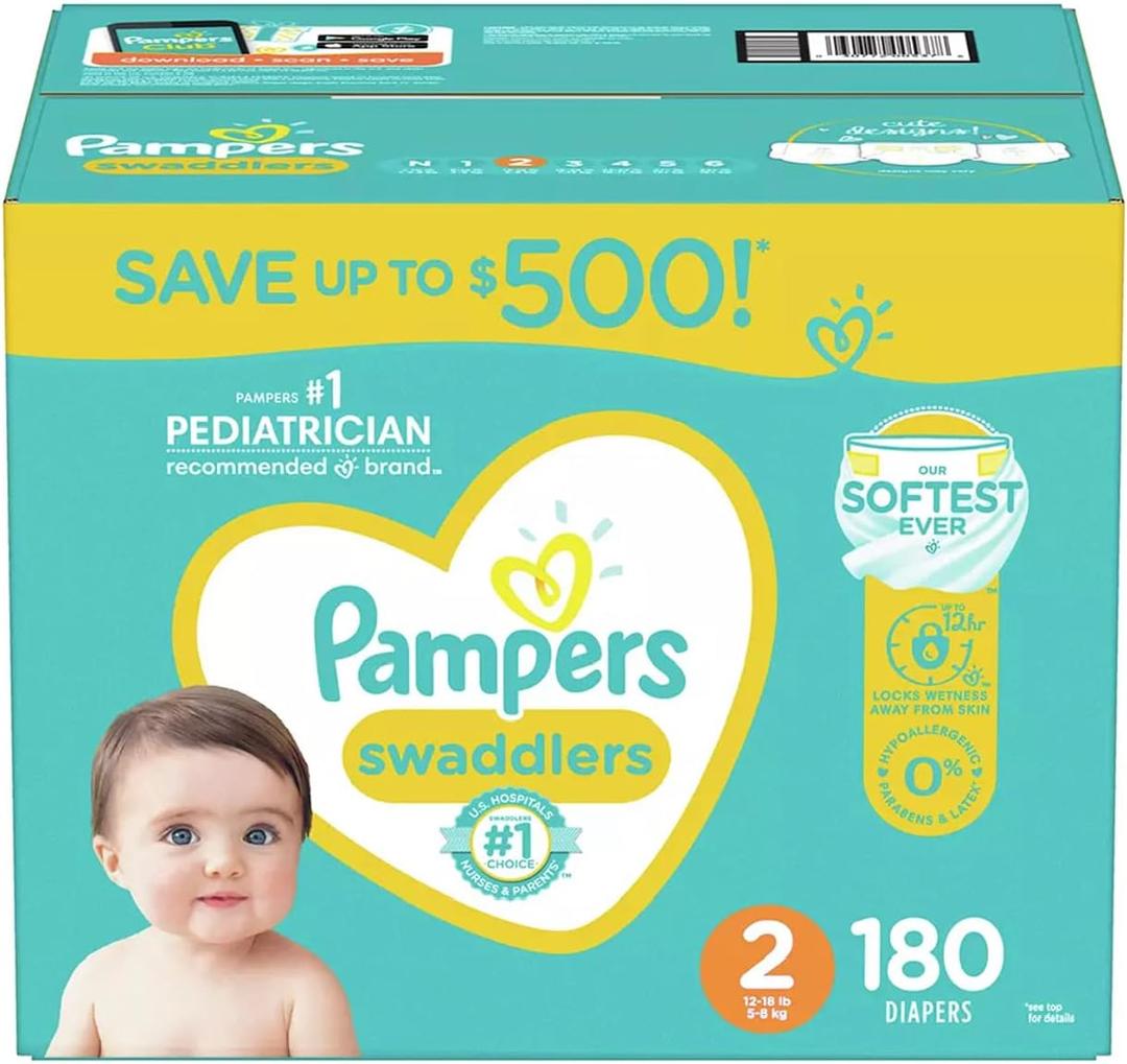 Pampers Swaddlers Diapers, Size 2 (12-18 Pounds), 180 Count