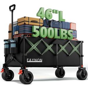 46" L Collapsible Foldable Extended Wagon, 500LB Weight Capacity with 280L Heavy Duty Folding Cart,Utility Wagon with All-Terrain Beach Wheel & Drink Holders,Black