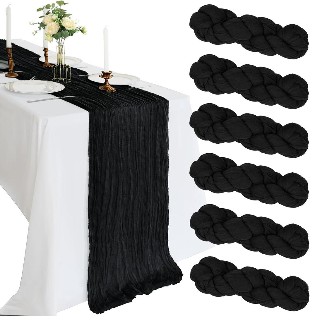 6 Pack 10FT Black Cheesecloth Table Runner 120 Inch Long Gauze Rustic Boho Spring Cheese Cloth Table Runner Sheer Fabric Decorations for Holiday Party Wedding Banquet Bridal Baby Shower Dcor