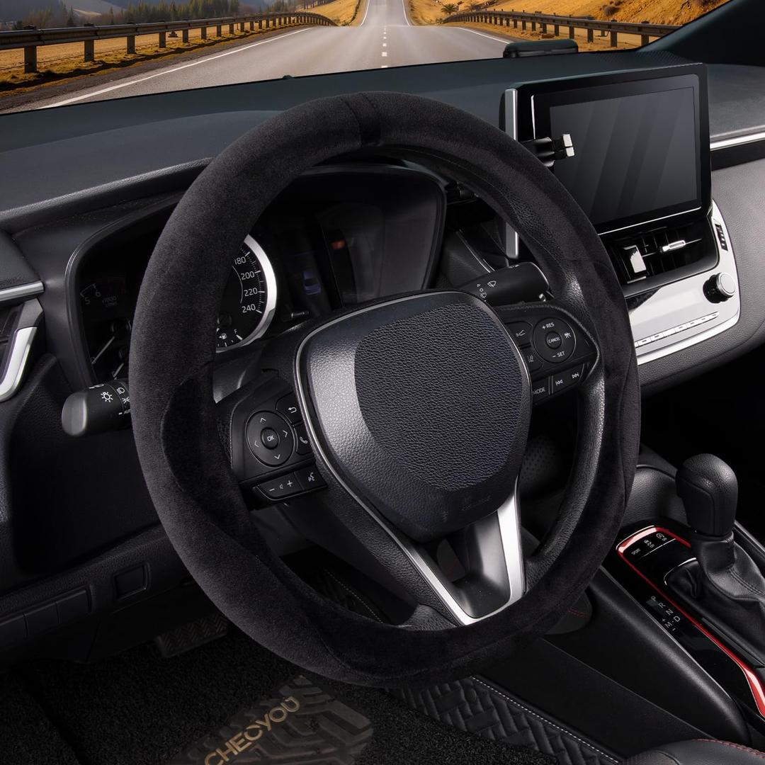 COFIT Plush Steering Wheel Cover Winter, Soft Warm Furry Grip Protector for Cars SUVs Trucks, Fits 14.5-15 Inch, Non-Slip Interior Accessory, Black