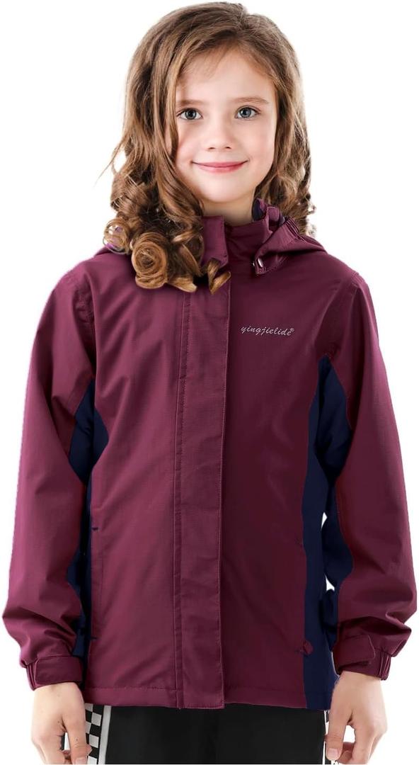 Girls Boys Rain Jackets, Lightweight Waterproof Kids Rain Coats with Hood Windbreakers for Kids (Size 5-6, Berry)