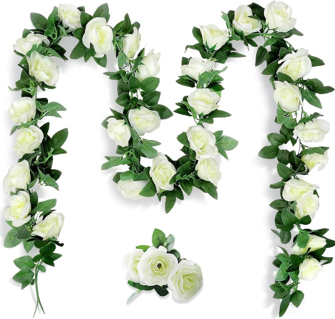 10PCS Fake Rose Garland, 7.5Ft Artificial Vines Flowers Hanging Rose Vine forfor Table Wedding Backdrop Arch Wall Party Mantle Festival Decor (White)