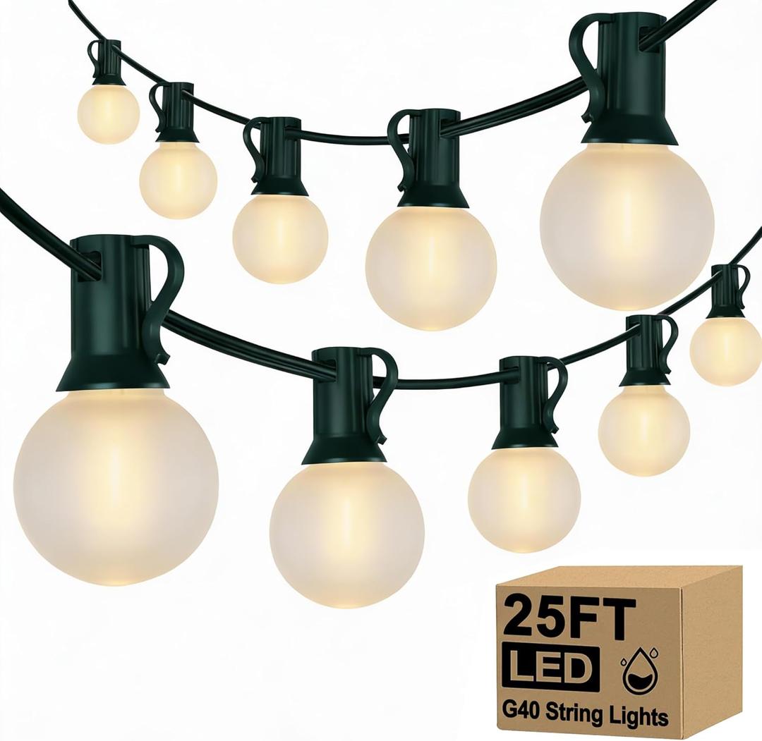 25Ft Christmas Outdoor String Lights, G40 Globe Lights with 27 0.6W Frosted Warm White Bulbs, Vintage Christmas Lights for Holiday Party Backyard Xmas Tree Wedding Garden Patio Porch Decor, Green Wire