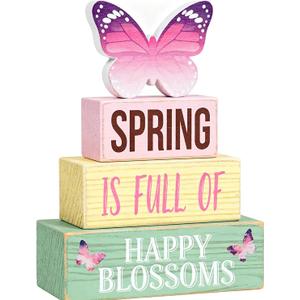 Spring Decoration Wooden Tiered Tray Decor – Butterfly Spring Stacked Block Sign with Floral Accents – Farmhouse Tabletop Spring Decor for Shelf Mantel Seasonal Home Display