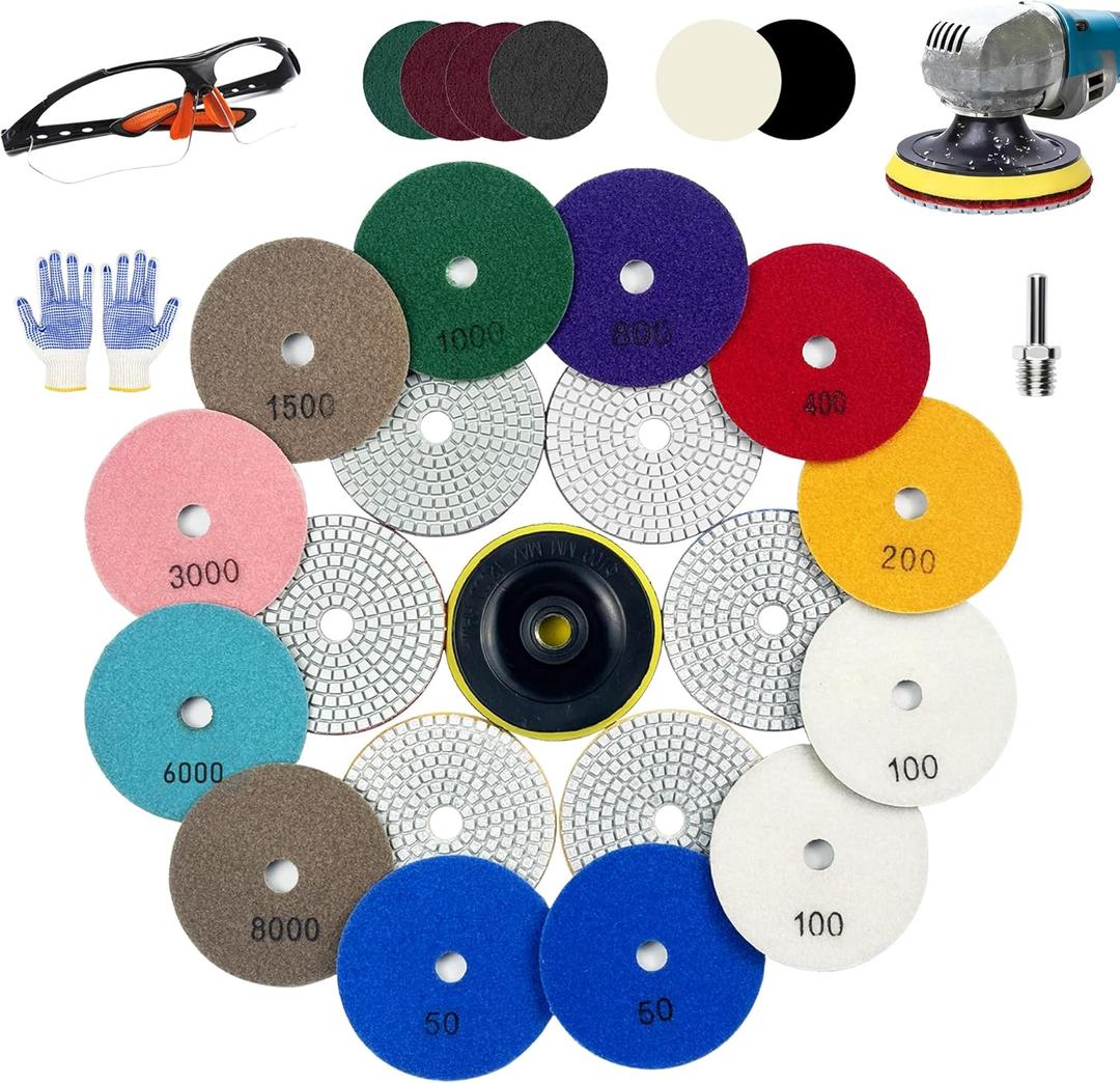4 Inch Diamond Polishing Pads, 22 PCS 50-8000 Grit Wet/Dry Granite Stone Polish Pad Kit with 5/8-11 Backer Pad, Drill Adapter and Wool Disc for Granite Marble Concrete Stone Tile
