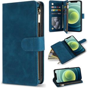 ZZXX for iPhone 12 Mini Wallet Case with Card Slot Premium Soft PU Leather Zipper Flip Folio Wallet with Wrist Strap Kickstand Protective for iPhone 12 Mini Case Wallet(Blue 5.4 inch)