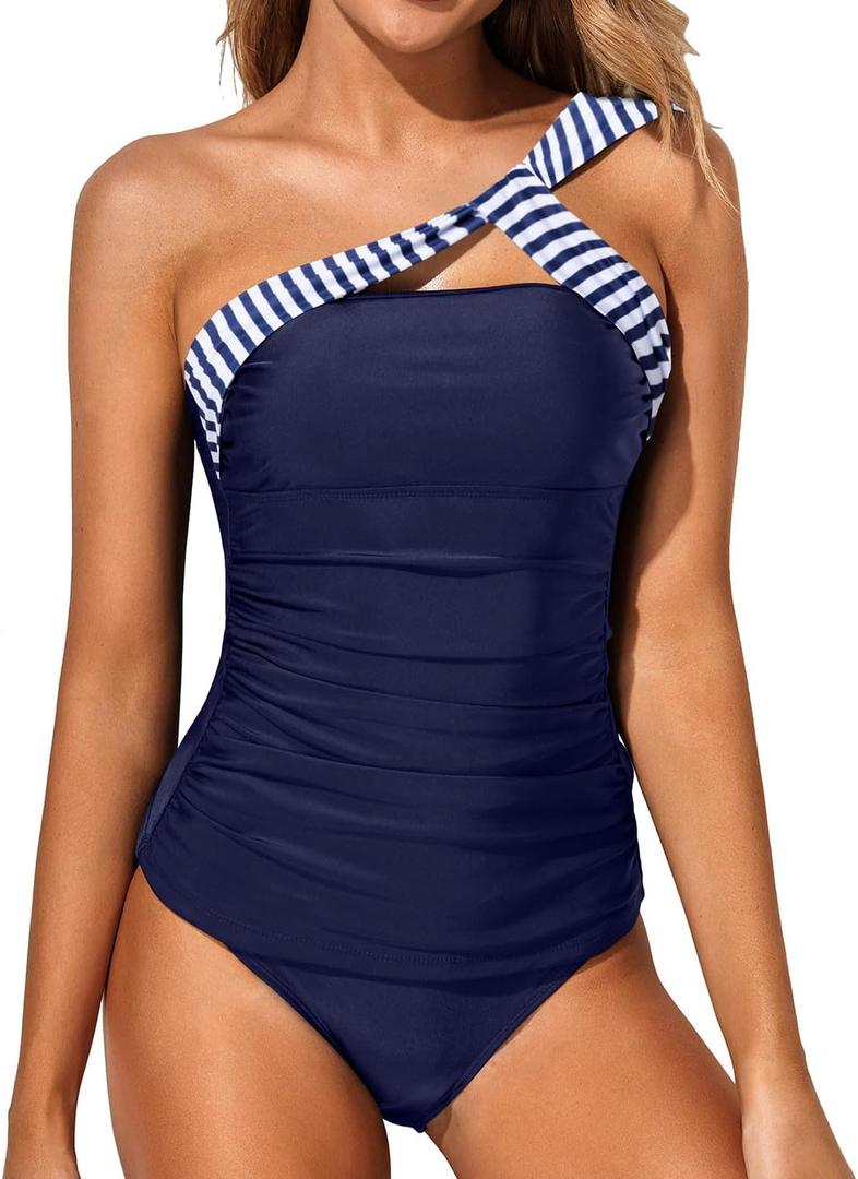 Tempt Me Two Piece Tankini Bathing Suits for Women One Shoulder Swim Top with Bottom Swimsuits S 