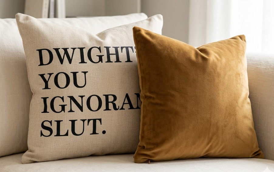 Set of 2 Decorative Throw Pillow Covers: 1 Linen Cover with "Dwight You Ignorant Slut" Print and 1 Solid Mustard Velvet Cover Features hidden zipper closure, two sizes 20"x20", 24"x24" Perfect for home decor 