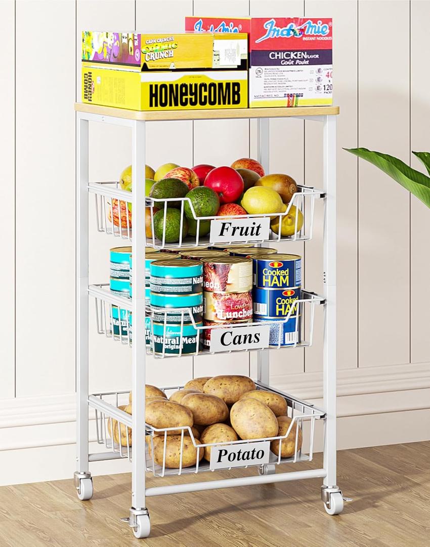 4-Tier Small Kitchen Storage Cart on Wheels with Pull-Out Drawers, Rolling Pantry and Snack Organizer Cart with Wood Top, Kitchen Floor Fruit Basket Stand for Fruit Potato Onion Veggie Snack (White)