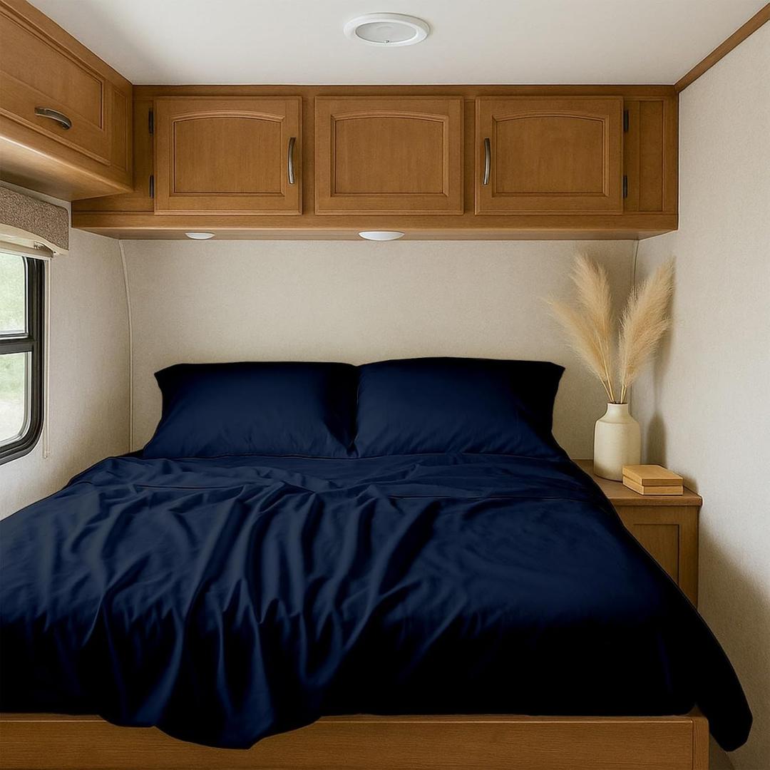 Shreem Linen RV Bunk Sheets 30x75, 100% Egyptian Cotton 4-Piece Camper Bedding Set, Fits 10-12" Deep RV Mattress, Navy Blue