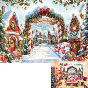 North Pole Backdrop Merry Christmas Winter Xmas Tree Photography Background Cane Candy House Santa Party Decorations Holiday Banner Booth Props (8x6FT(2.4m x 1.8m))