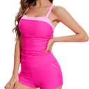 Womens Tankini Swimsuits Retro Two Piece Tummy Control Bathing Suit Color Block Slim Swimwear with Shorts (Large, Pink)