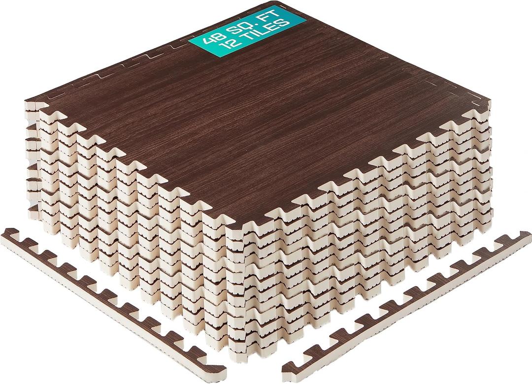 Yes4All EVA Interlocking Mats, Puzzle Floor Tiles, Foam Floor Padding with Border for Furniture, Home Space, Living Room, Garage (H. 48 Square Feet (12 Tiles) - Dark Walnut Wood)