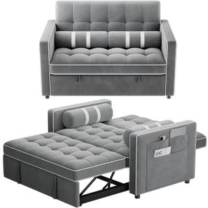 Marsail 3-in-1 Convertible Futon Sleeper Sofa Bed, Pull Out Couch with Adjustable Backrest, USB Charging & Side Pockets, Velvet Fabric Sofa for Living Room, Apartment, Loveseat, Grey