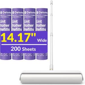 14.17" Extra Large Lint Rollers for Pet Hair, DELOMO Sticky Rollers for Floor with 3 Extendable Handle & 4 Refills (200 Sheets), Long Handle Sticky Mop for Cleaning Carpets, Couches, Furniture, Cars