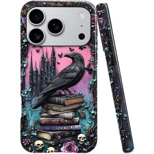 DAIZAG Case Compatible with iPhone 17 Pro,Glossy Durable Shock Protection Cover for Girl Women,Black Raven Bird Book Rose Skulls