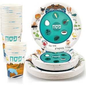 FillTouch 72 Pcs Passover Disposable Seder Plate Set Serves 24 People Passover Decorations Include 9 in 7 in Paper Plates Passover Cups for Passover Pesach Seder Paper Tableware Party Supplies