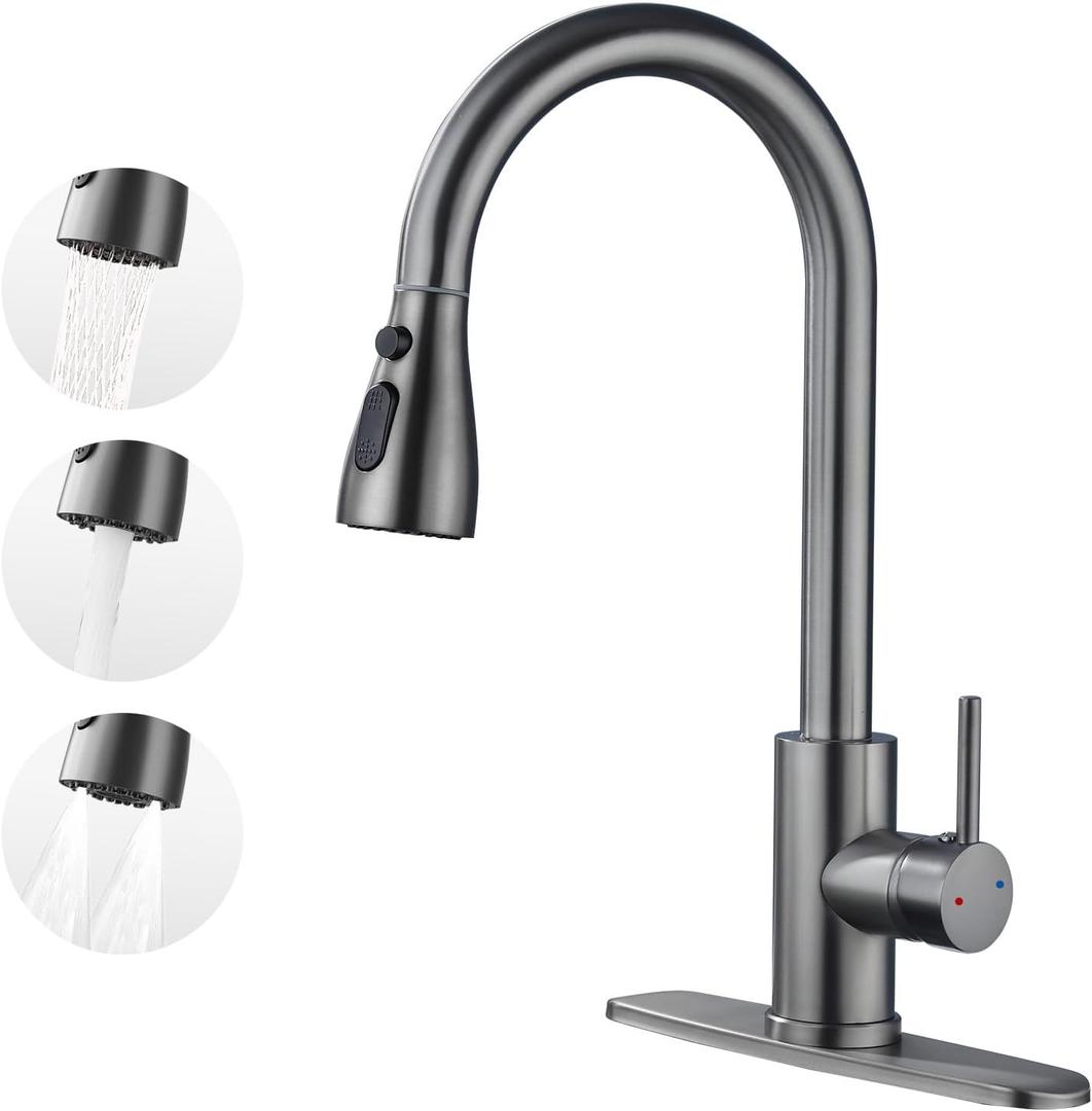 Kitchen Faucet with Pull Down SprayerStainless Steel Single Handle Kitchen Faucet1/3 Hole, Deck Plate IncludedSuitable for farmhouses, Campers, Laundry Rooms, RVs, and Bars (Gun Gray)