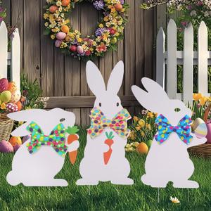 3 PCS Easter Outdoor Decoration Bunny Yard Signs with Metal Stakes Waterproof Spring Welcome Sign for Party, Lawn, Garden Home Decor (White-3 Pack)