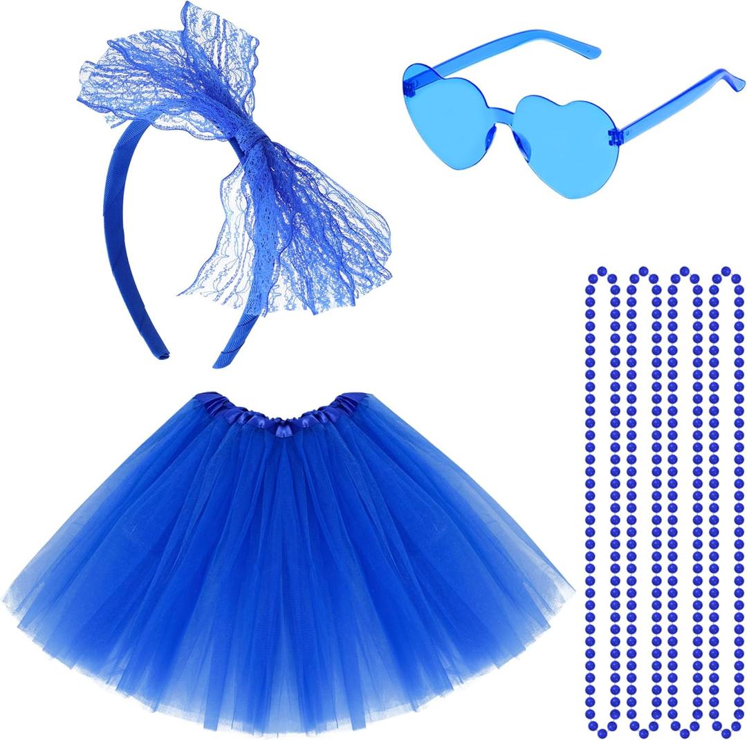 80s Women Tutu Costume Accessories Blue Tutu Women Striped Sock Sunglasses Lace Headband Skirt Necklace Halloween Mardi Gras, One Size
