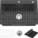 Black Kitchen Sink, 27x18 Inch Stainless Steel Drop In Modern Single Bowl Topmount Kitchen And Bar Sink Combo-SS Grid,Spoon Rest,Drain Strainer Set Compatibility With Various Kitchen & Bar Style