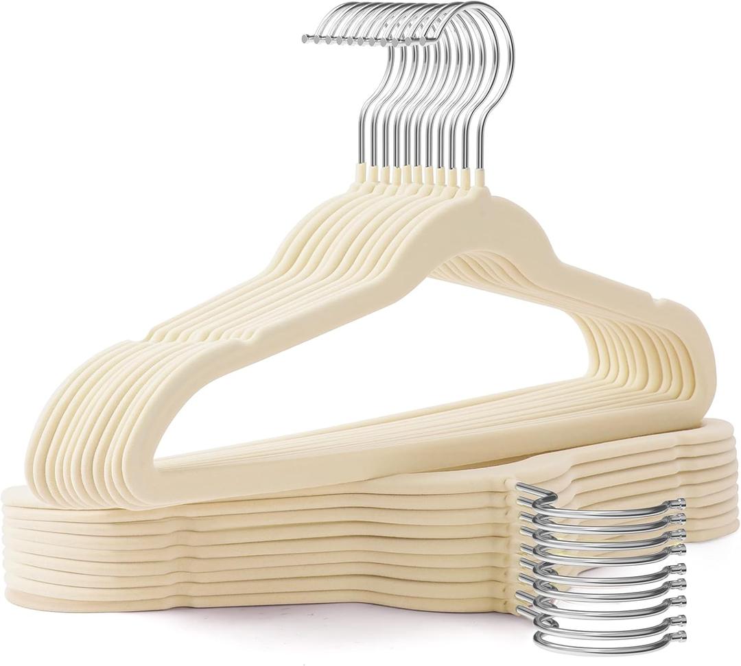 Kids Hangers 50 Pack,14 Inch Kids Velvet Hangers Slim & Space-Saving,Baby Clothes Hangers with 360 Swivel Hook,Heavy Duty Hanger for Infant & Childrens Coats, Pants,and Dress(Beige)