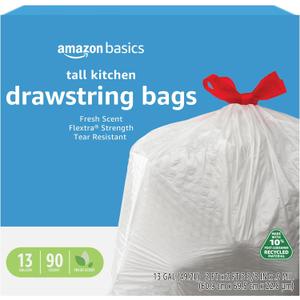 Amazon Basics 13 Gallon Tall Kitchen Drawstring Trash Bags, Flextra Strength, Tear Resistant, Puncture Resistant, 10% Post Consumer Recycled, 90 Count, White
