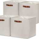 Storage Bins, 4 Pack Of 13x13x13 Decorative Storage Cube Bins Suit Office, Home, Shelves And Closet, Cube Storage Bin with Leather handle(6 Pack - 13" Beige)