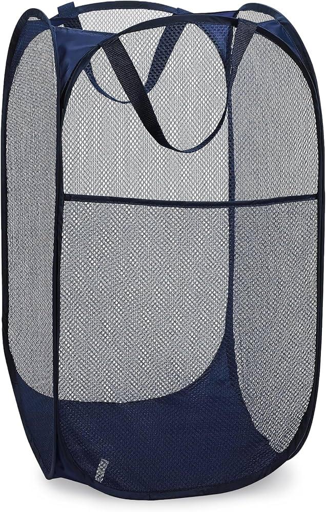 Pop-Up Hamper Laundry Collapsible Storage Bag Mesh Blue White 14"x14"x23" 