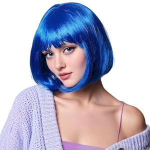 Rose bud Blue Bob Wig with Fringe 12 Inch Short Straight Costume Wigs for Women Cosplay Party Halloween