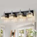 Black Chrome Bathroom Vanity Lights, Modern 4 Lights Crystal Bathroom Lighting Fixtures Over Mirror Crystal Wall Light with Square Shade