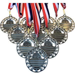 10 Pack of 2.5 Inch Die Cast Metal 2nd Place Swimming Award Medallions with Antique Silver Finish and Red White & Blue Neck Ribbons