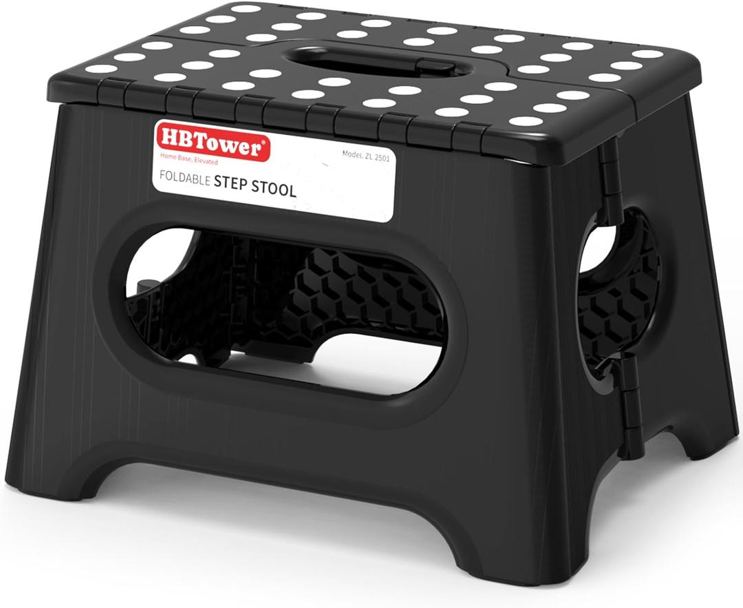 HBTower Folding Step Stool 9 Inch - Holds 600 lb, Non-Slip Surface & Carry Handle - Sturdy Step Stool for Kids, Toddlers & Adults - Compact Foldable Foot Stool for Kitchen, Bathroom, Bedroom, Outdoor, Black