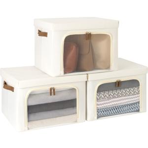 StorageWorks Storage Bins with Lids, Decorative Boxes with Clear Window for Clothes, Fabric Collapsible Baskets for Closet Organization, Large, Beige, 3 Packs